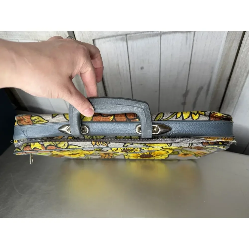 Vintage BANTAM TRAVEL 1960’s Fabric Canvas Yellow Gray Floral Suitcase Retro